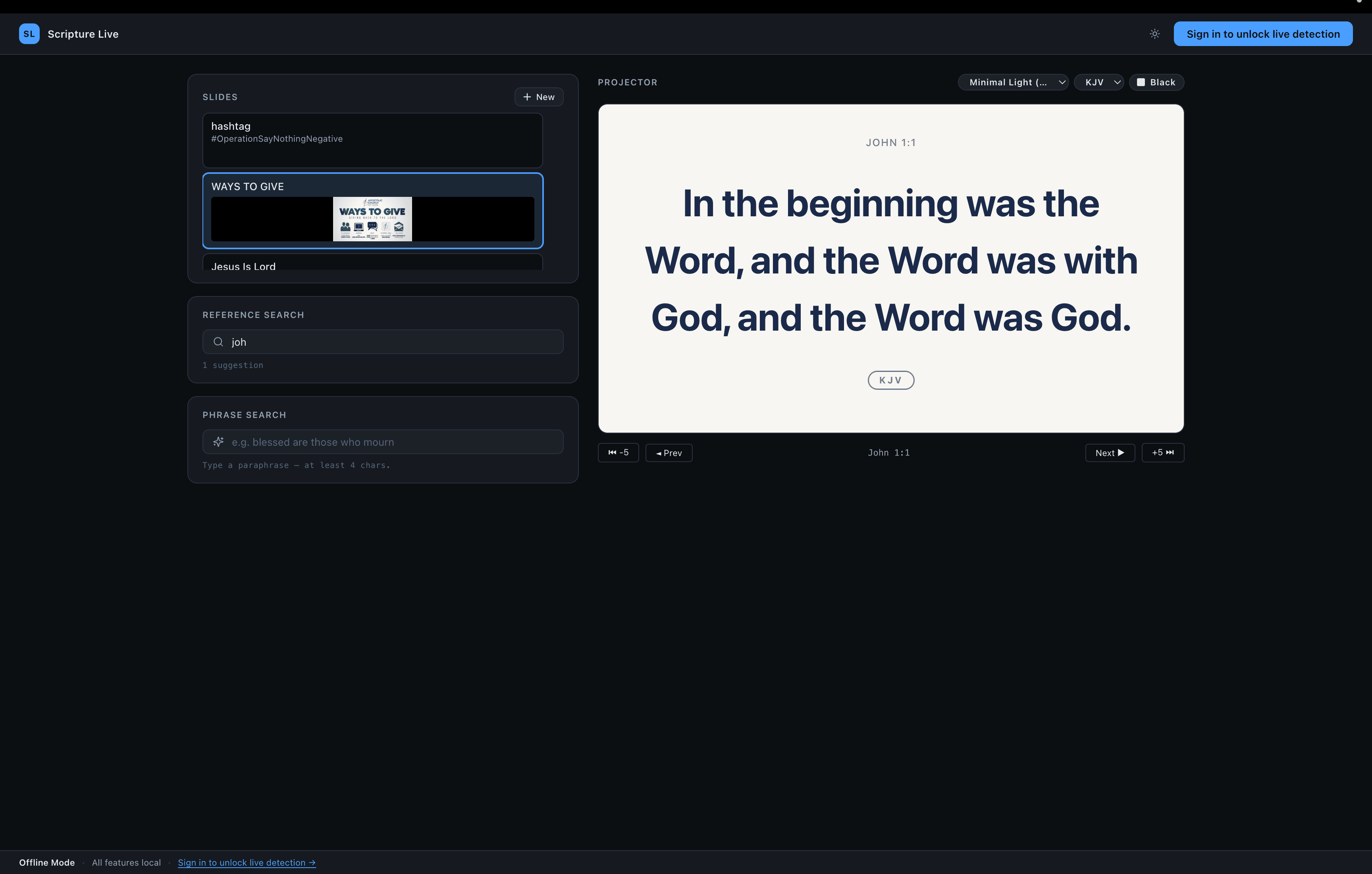 Offline workspace in dark mode — reference search, custom slides and projector preview running without a subscription