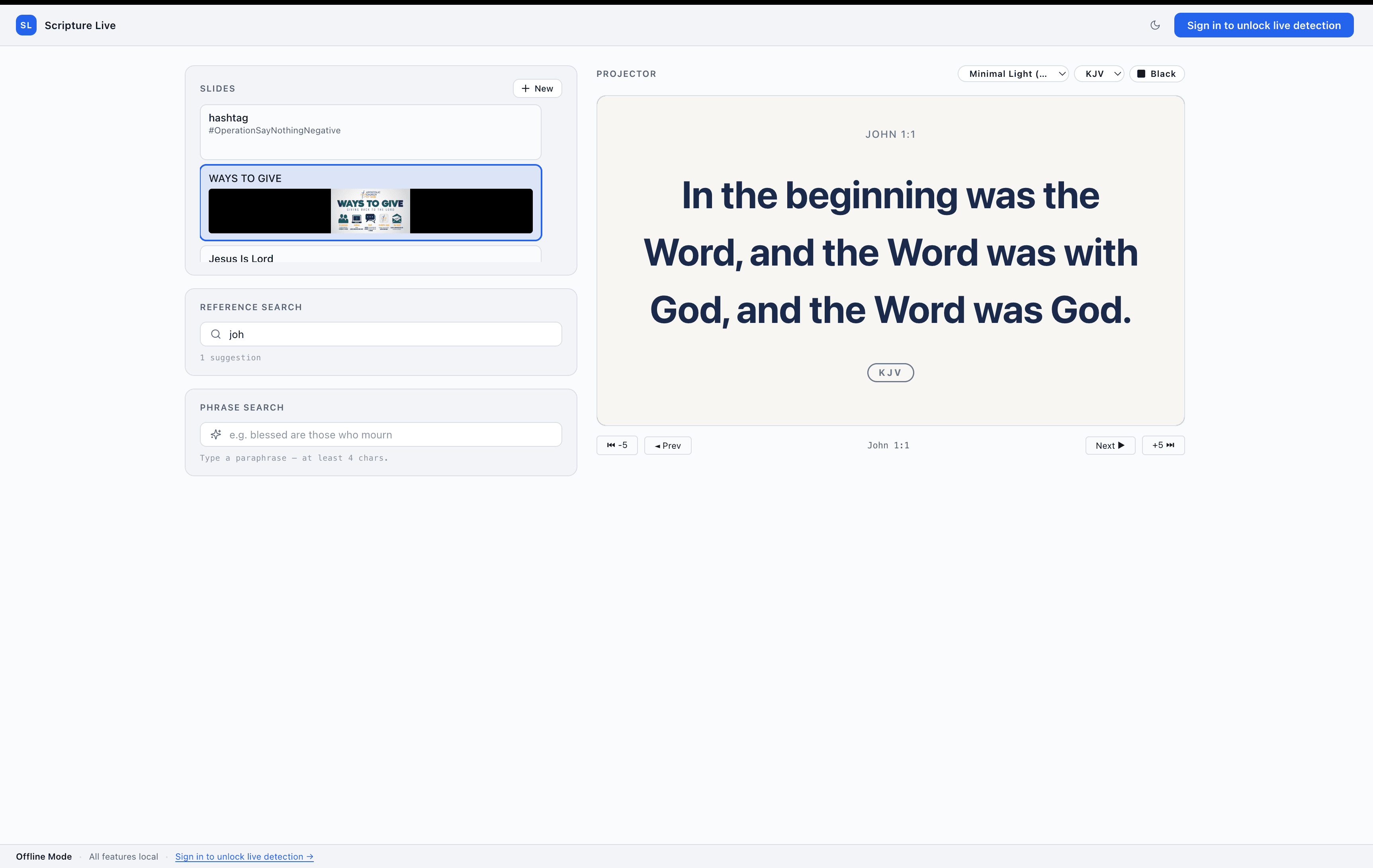 Offline studio in light mode — reference search, custom slides panel, and projector preview running without a subscription