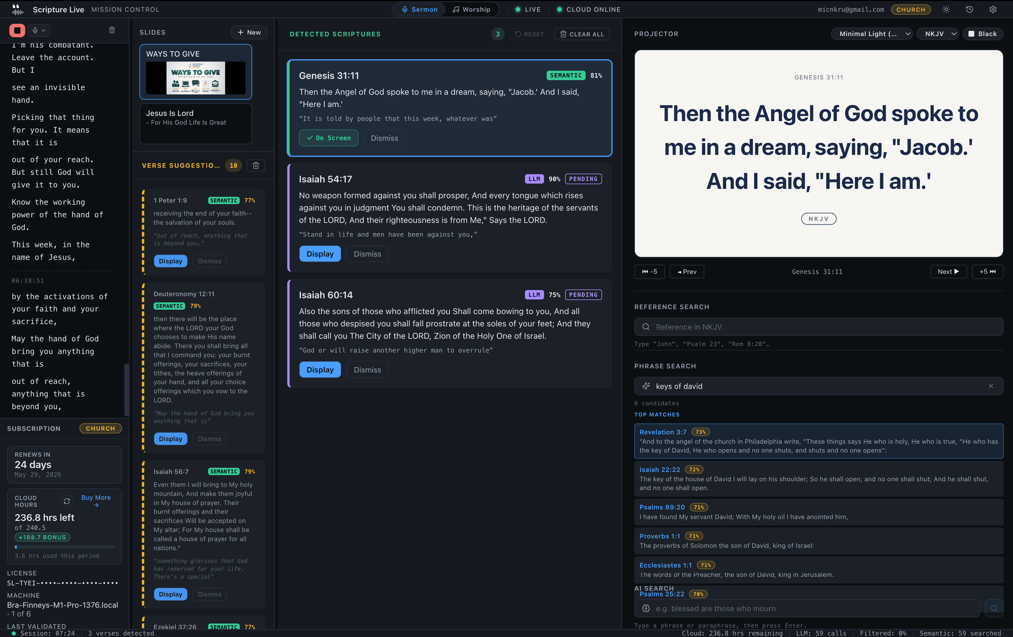 Sermon Studio in dark mode — same layout, dark theme for low-light booths