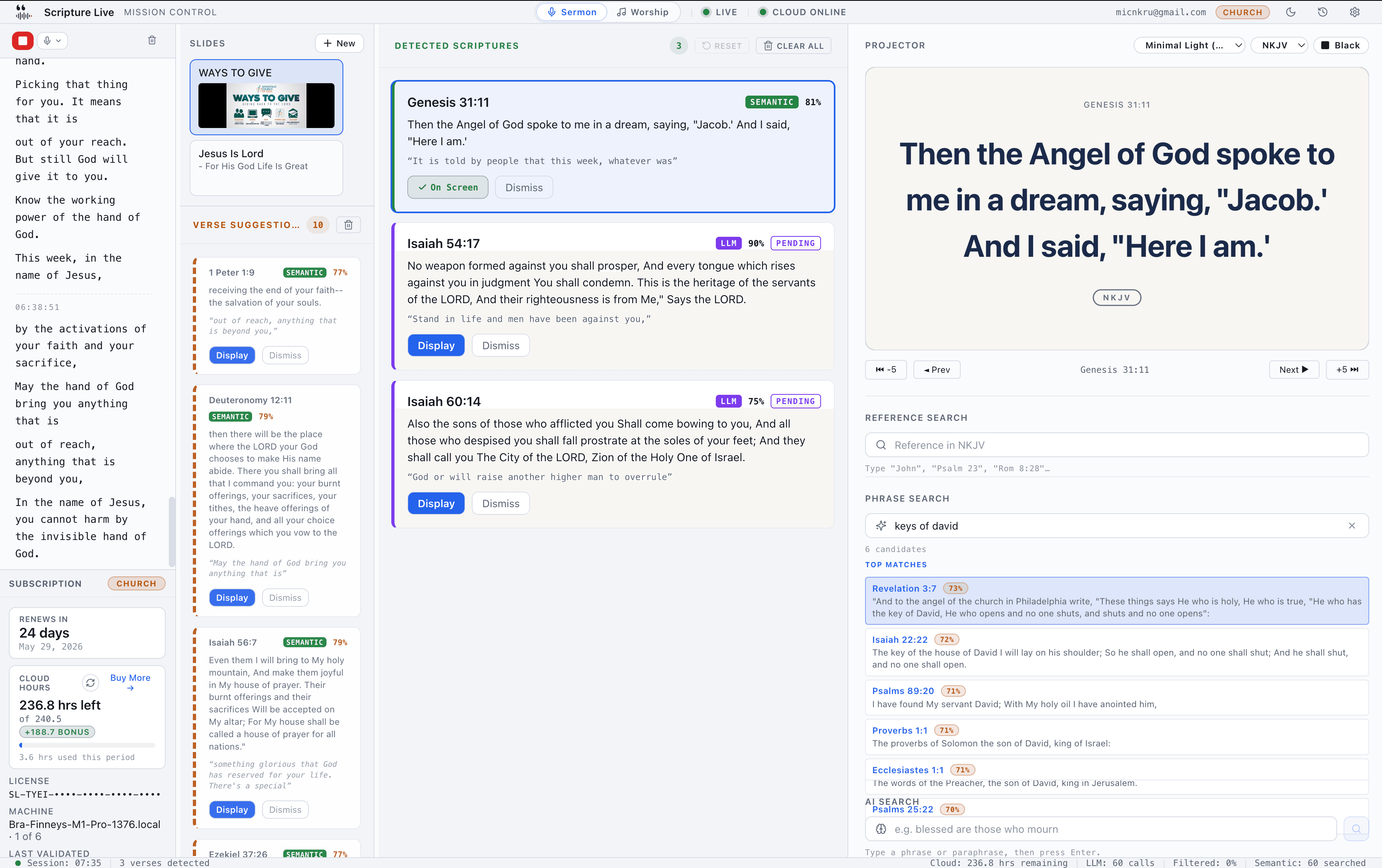 Sermon Studio in light mode — live transcript on the left, verse-suggestion column, detection cards in the middle, projector preview and search tools on the right