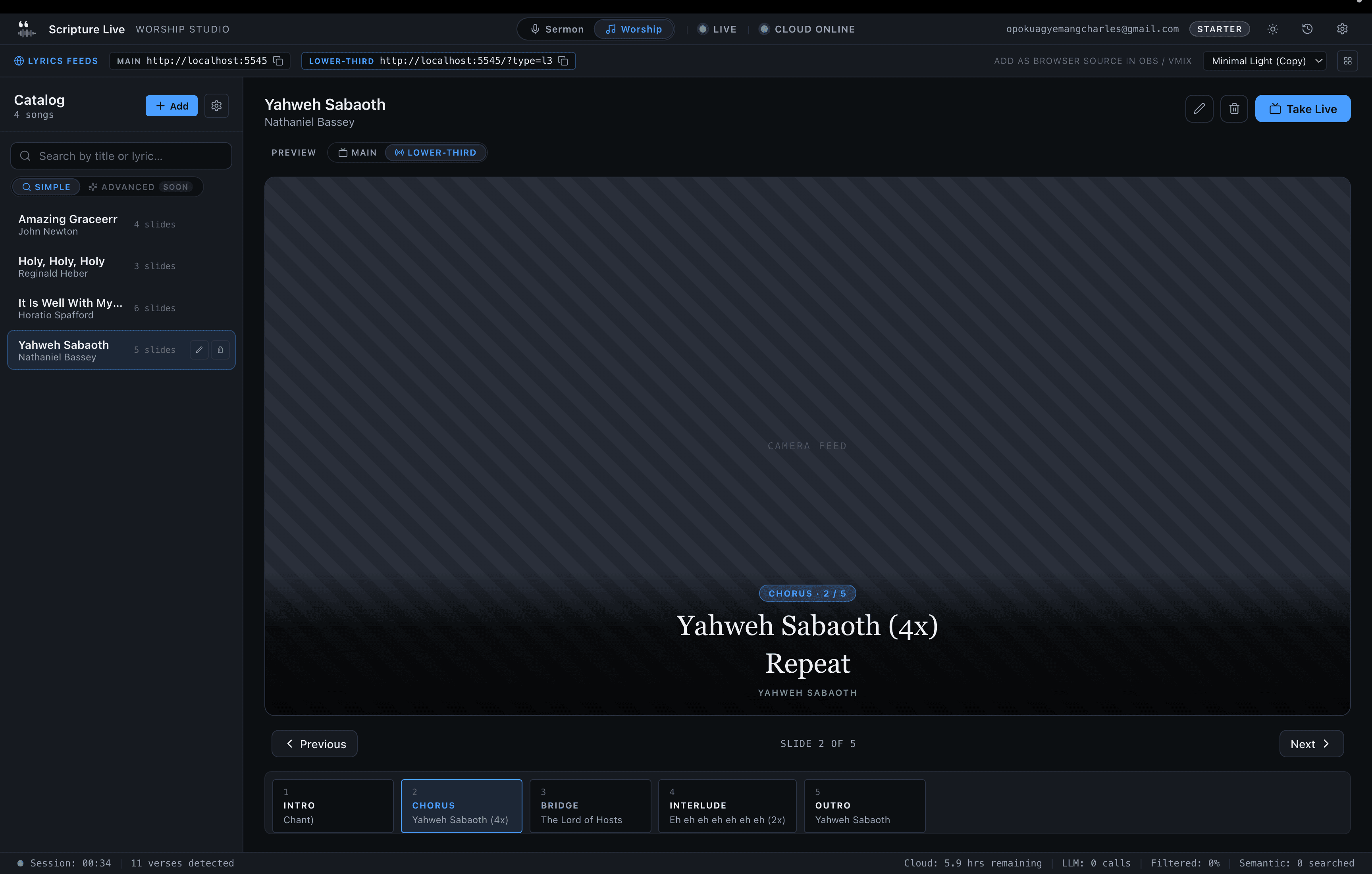 Worship studio, dark mode, lower-third transparent overlay output